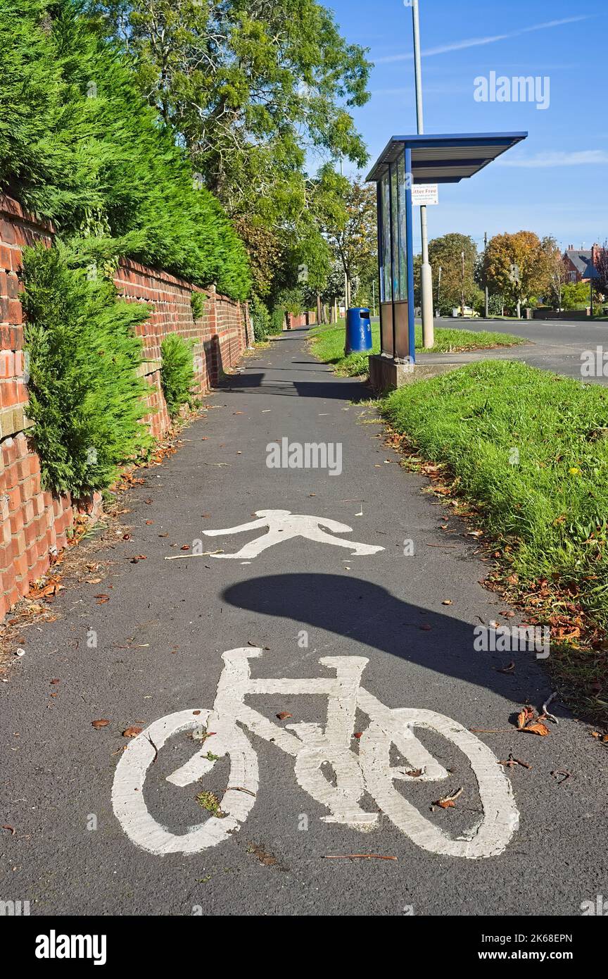 Cycling and pedestrian marking signs near a bus stop on the pavement