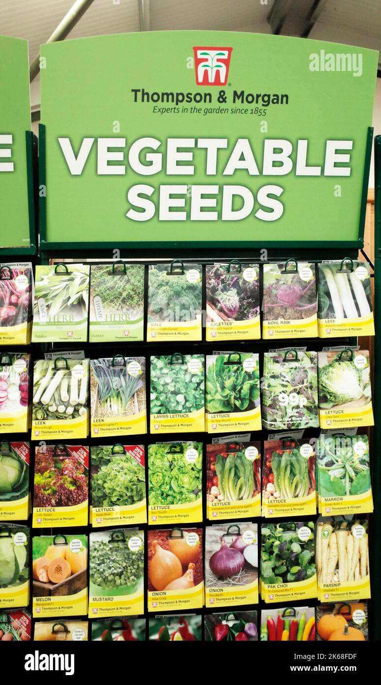 A  display of Thompson and Morgan vegetable seeds in a garden centre Stock Photo