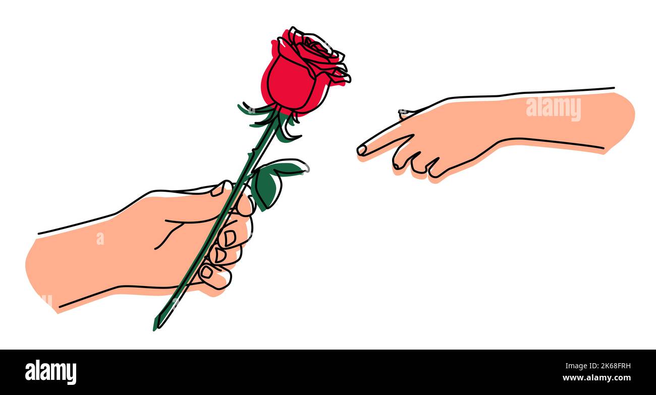 Hand holding a rose and giving it. Man gives a flower to a woman. Hand ...