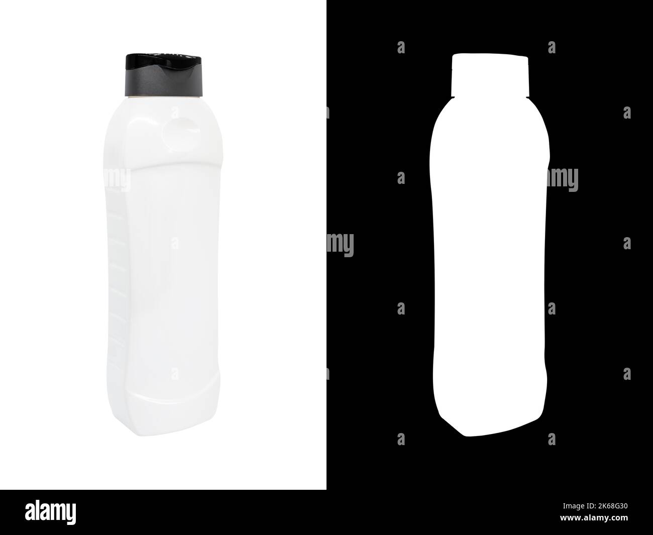 White plastic bottle for mockup, liquid container with lid on isolated white background with clipping mask. Template for your design. Stock Photo