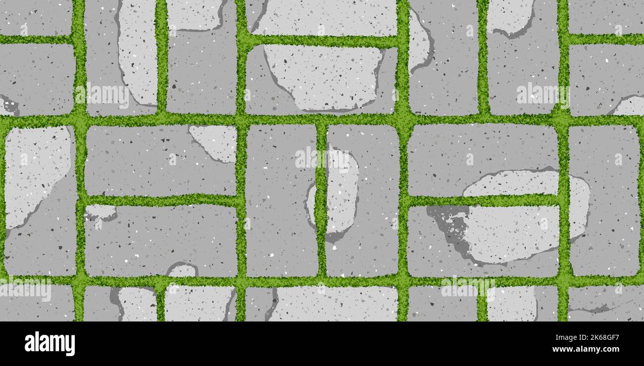 Seamless pattern of old pavement with moss and textured cracked old bricks Stock Vector