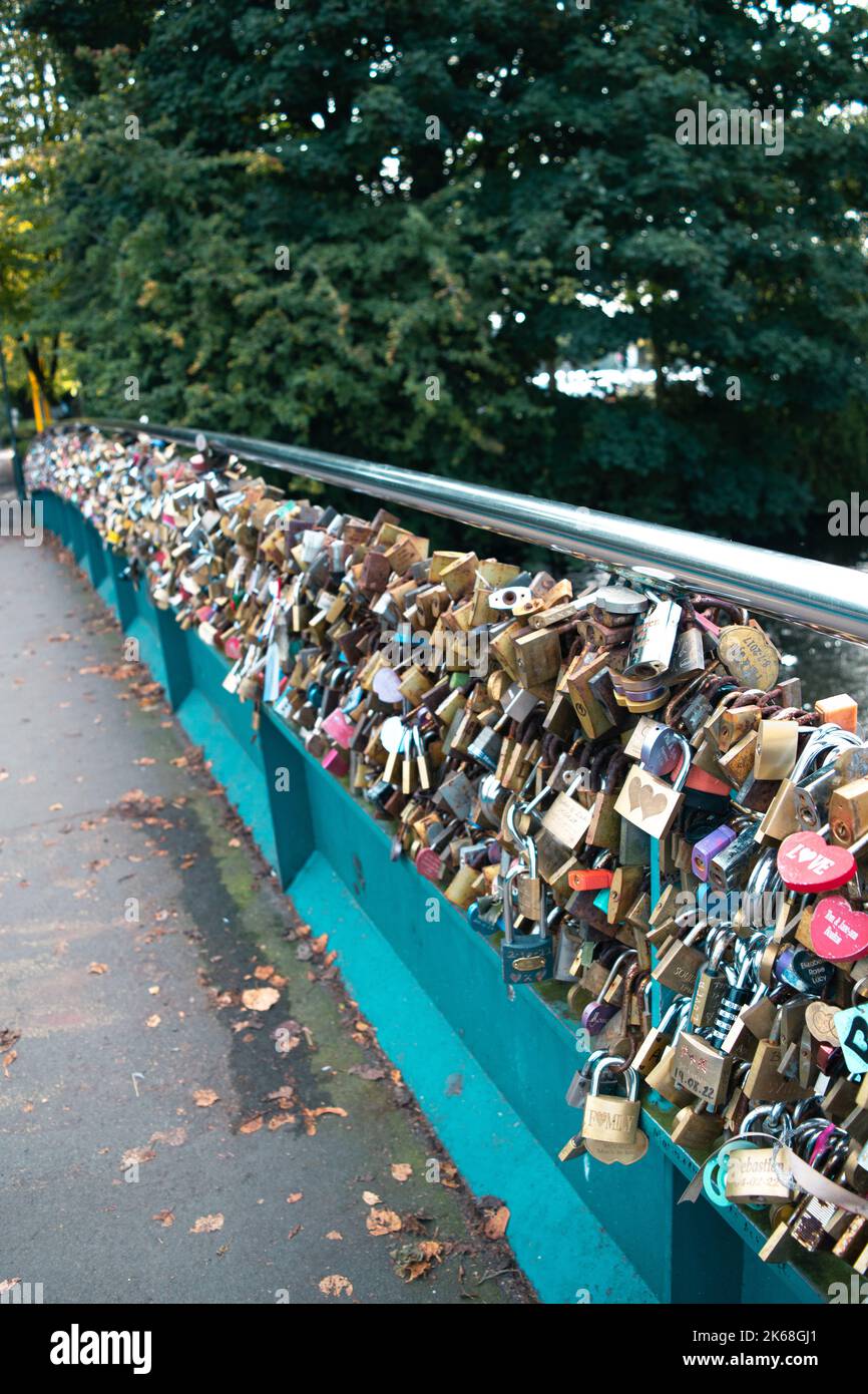 Love Locks filling the rail on the Wye Bridge, in Bakewell Derbyshire