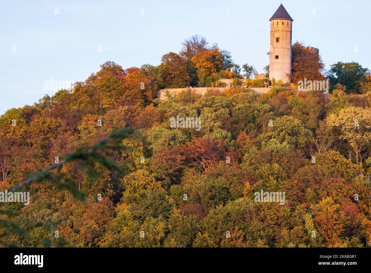 Medieval castle ruins on a mountain in the autumn forest, Plesse Burg in Germany Stock Photo