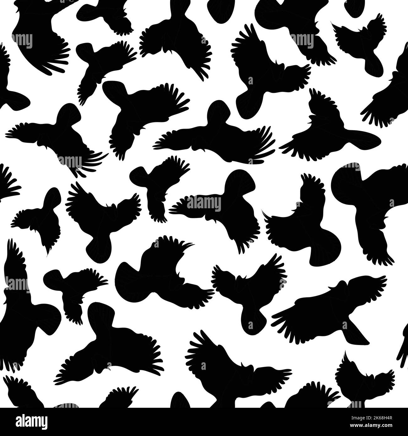 Black and white flying cockatoo bird silhouettes seamless pattern. Vector illustration. Isolated on white background.  Stock Vector