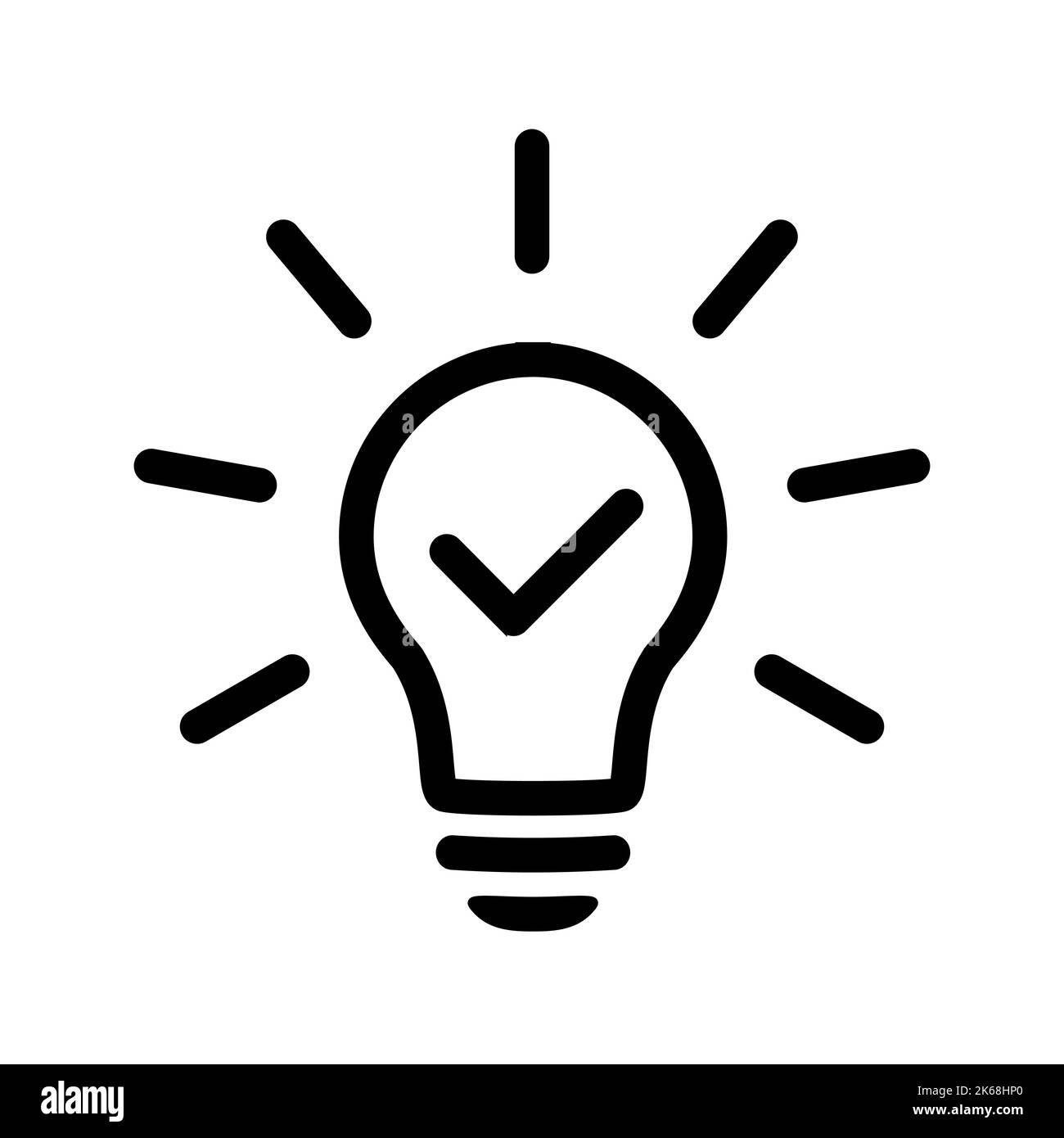 Light bulb with tick icon in flat style. Lightbulb with check, successful idea symbol isolated on white. Simple abstract thin line icon in black. Vect Stock Vector