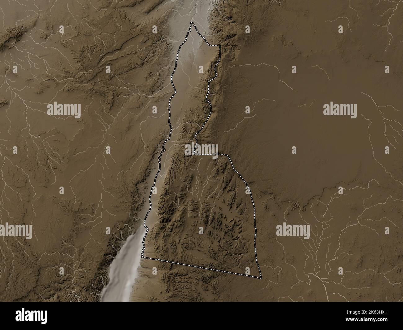 Aqaba, province of Jordan. Elevation map colored in sepia tones with ...
