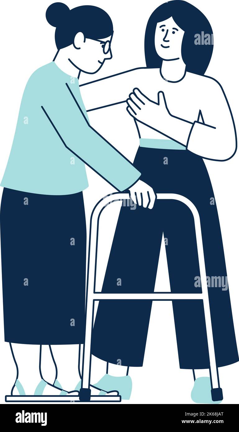 Woman helping disabled person with walking aid Stock Vector