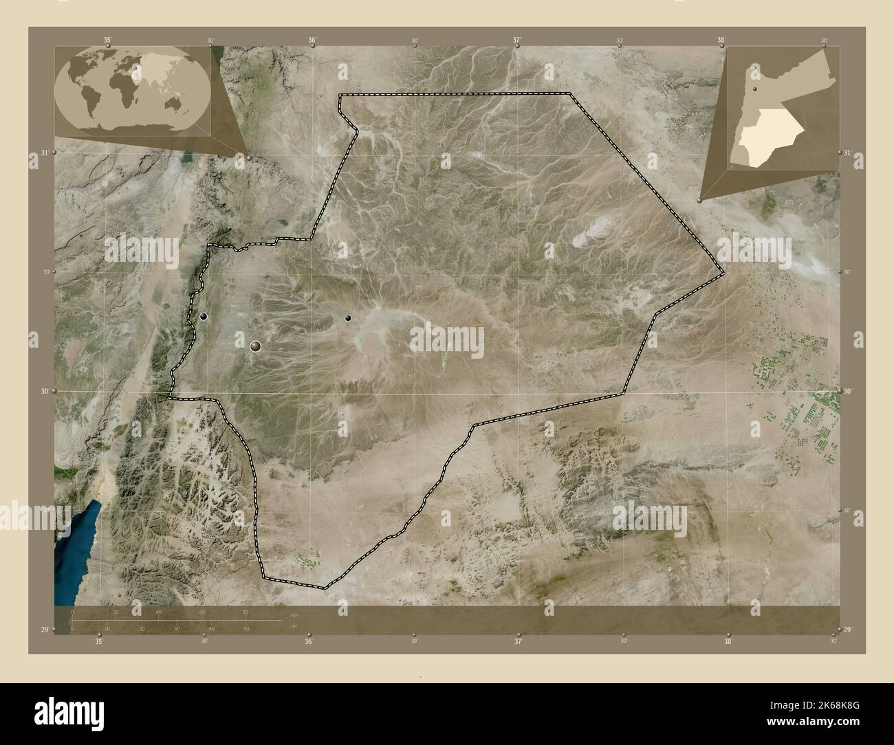 Jordan. Map Enimation Ma`an, province of Jordan. High resolution satellite map. Locations of ...