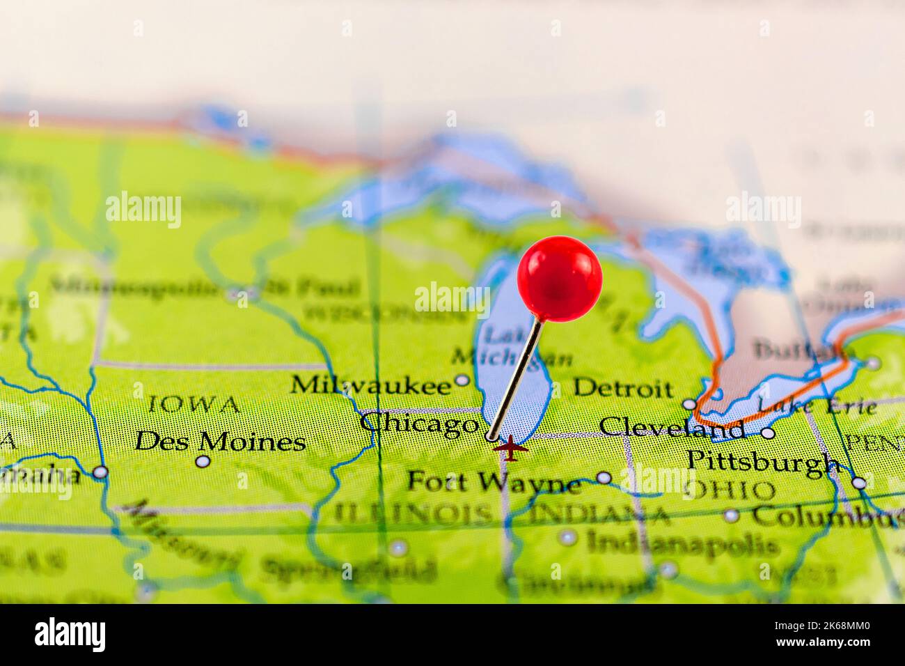 Chicago map. Close up of Chicago map with red pin. Map with red pin point of Chicago in USA. Stock Photo