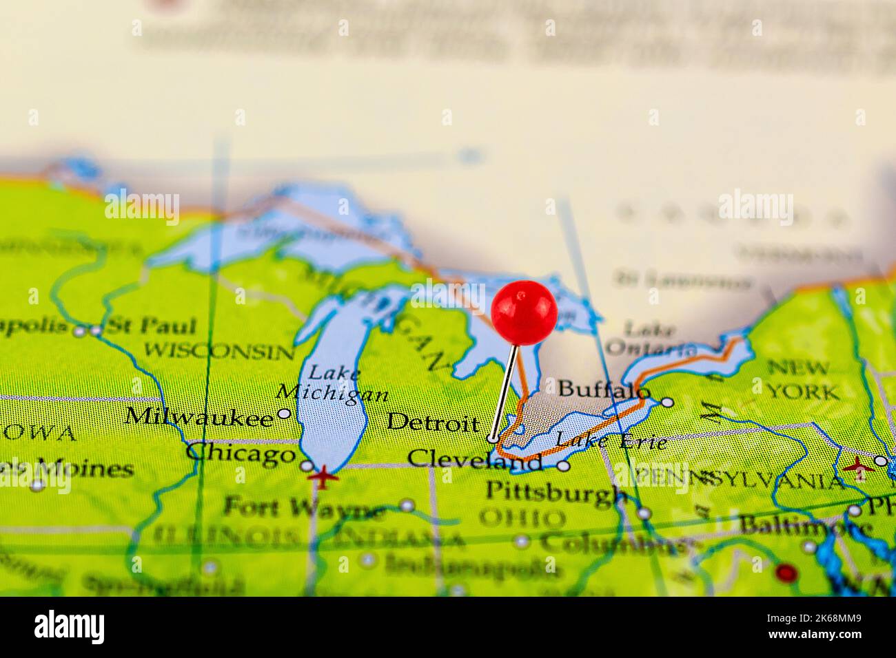 Detroit map. Close up of Detroit map with red pin. Map with red pin point of Detroit in USA