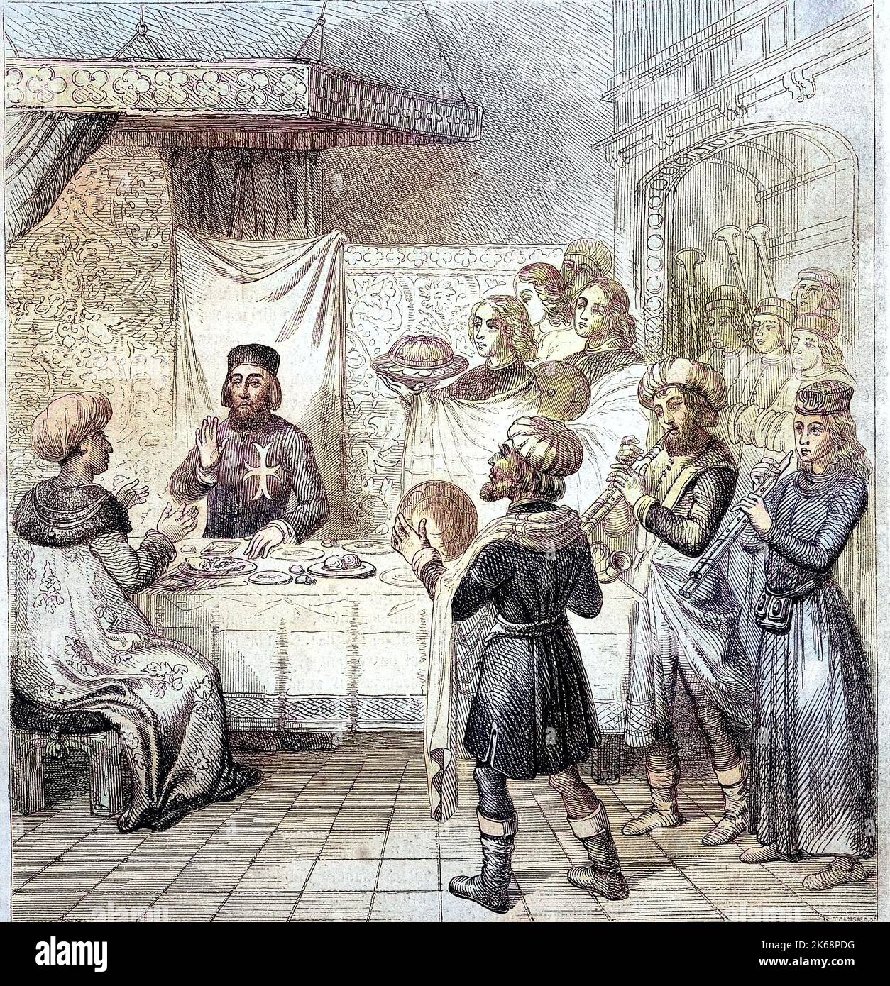 Sultan Cem or Cem Sultan, 1459-1495, also referred to as Jem Sultan, or Zizim by the French, was a pretender to the Ottoman throne in the 15th century, here with Pierre d'Aubusson at a dinner in Rhodes, Rhodos, Greece  /  Sultan Cem oder Cem Sultan, 1459-1495, von den Franzosen auch Jem Sultan oder Zizim genannt, war im 15. Jahrhundert ein Thronfolger der Osmanen, hier mit Pierre d'Aubusson bei einem Abendessen in Rhodos, Griechenland, Historisch, digital improved reproduction of an original from the 19th century / digitale Reproduktion einer Originalvorlage aus dem 19. Jahrhundert, Stock Photo