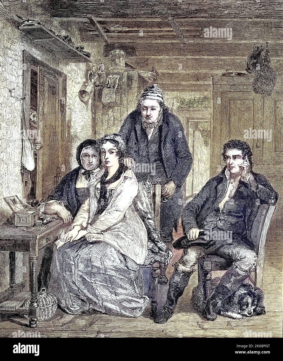 Duncan Gray with his family in the living room, France  /  Duncan Gray mit seiner Familie zu Hause, Frankreich, Historisch, digital improved reproduction of an original from the 19th century / digitale Reproduktion einer Originalvorlage aus dem 19. Jahrhundert, Stock Photo