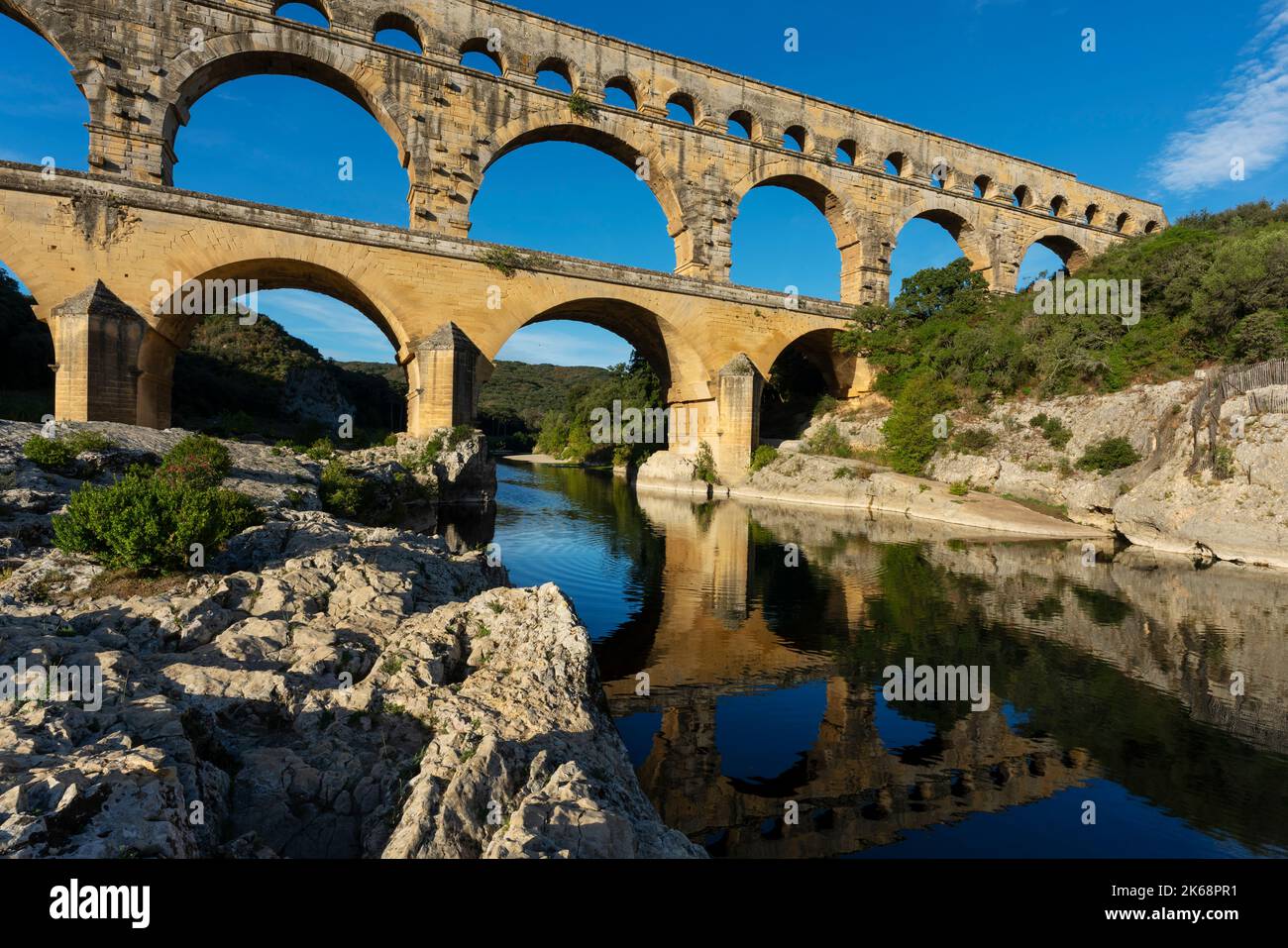 Horizontal view of famous Pont du Gard, old roman aqueduct in France, Europe Stock Photo