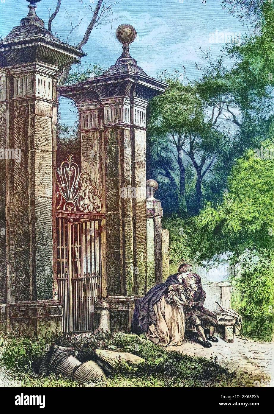 Loving couple in front of the gate to a park  /  Liebespaar vor der Pforte zu einem Park, Historisch, digital improved reproduction of an original from the 19th century / digitale Reproduktion einer Originalvorlage aus dem 19. Jahrhundert, Stock Photo
