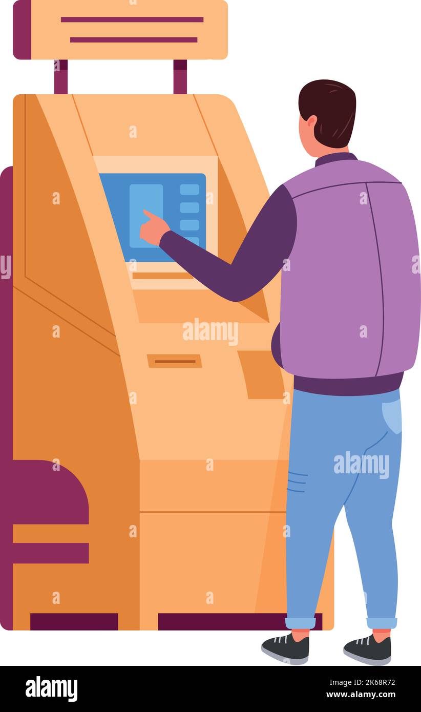 Man using atm rear view. Banking card machine isolated on white ...