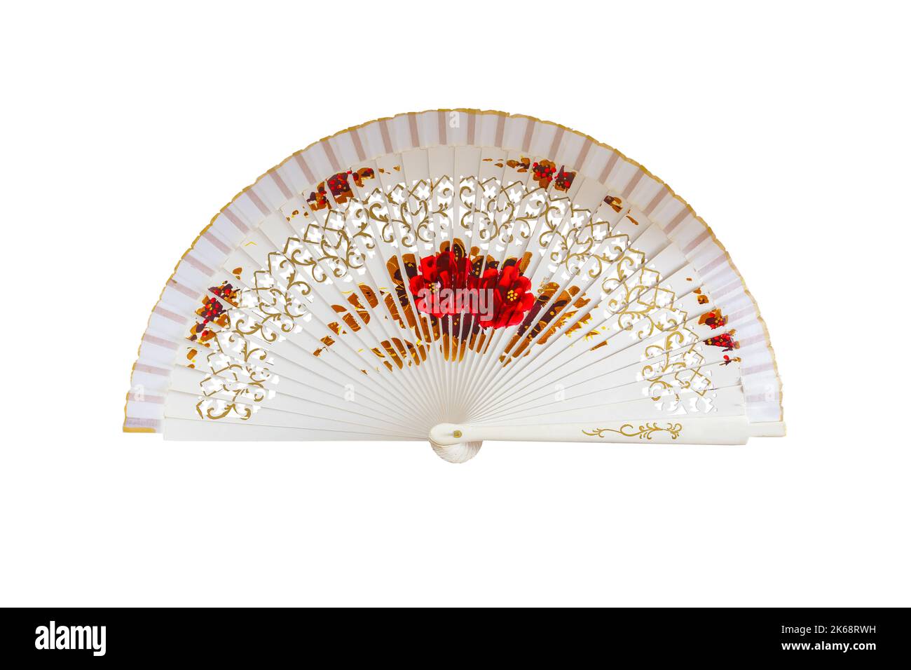 Spanish white open hand fan, decorated with floral motifs, isolated on white background Stock Photo
