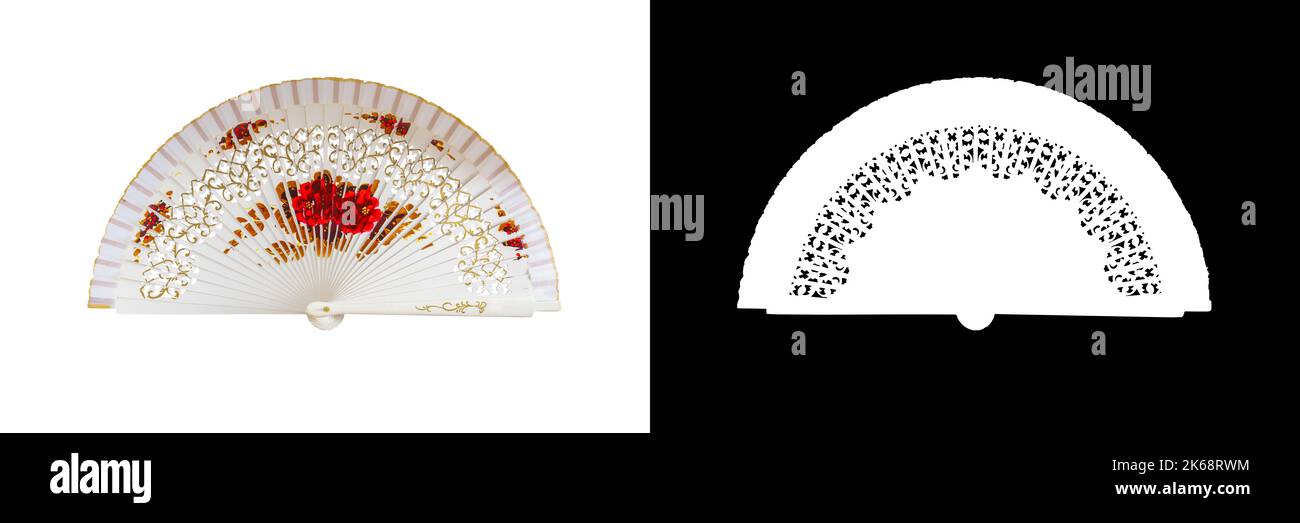 Spanish white open hand fan, decorated with floral motifs, isolated on white background with clipping mask Stock Photo