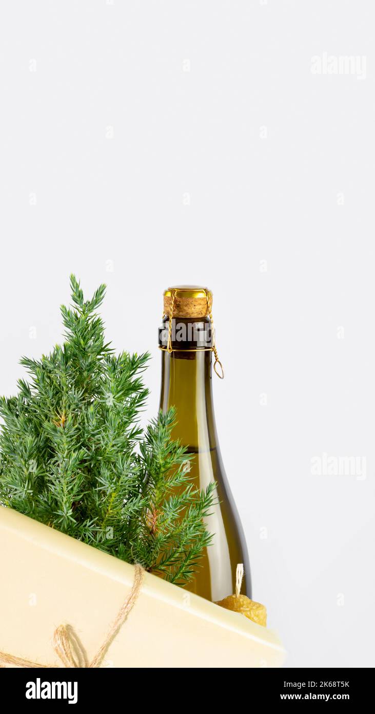 Small Christmas tree, champaign and gift with copy space Stock Photo
