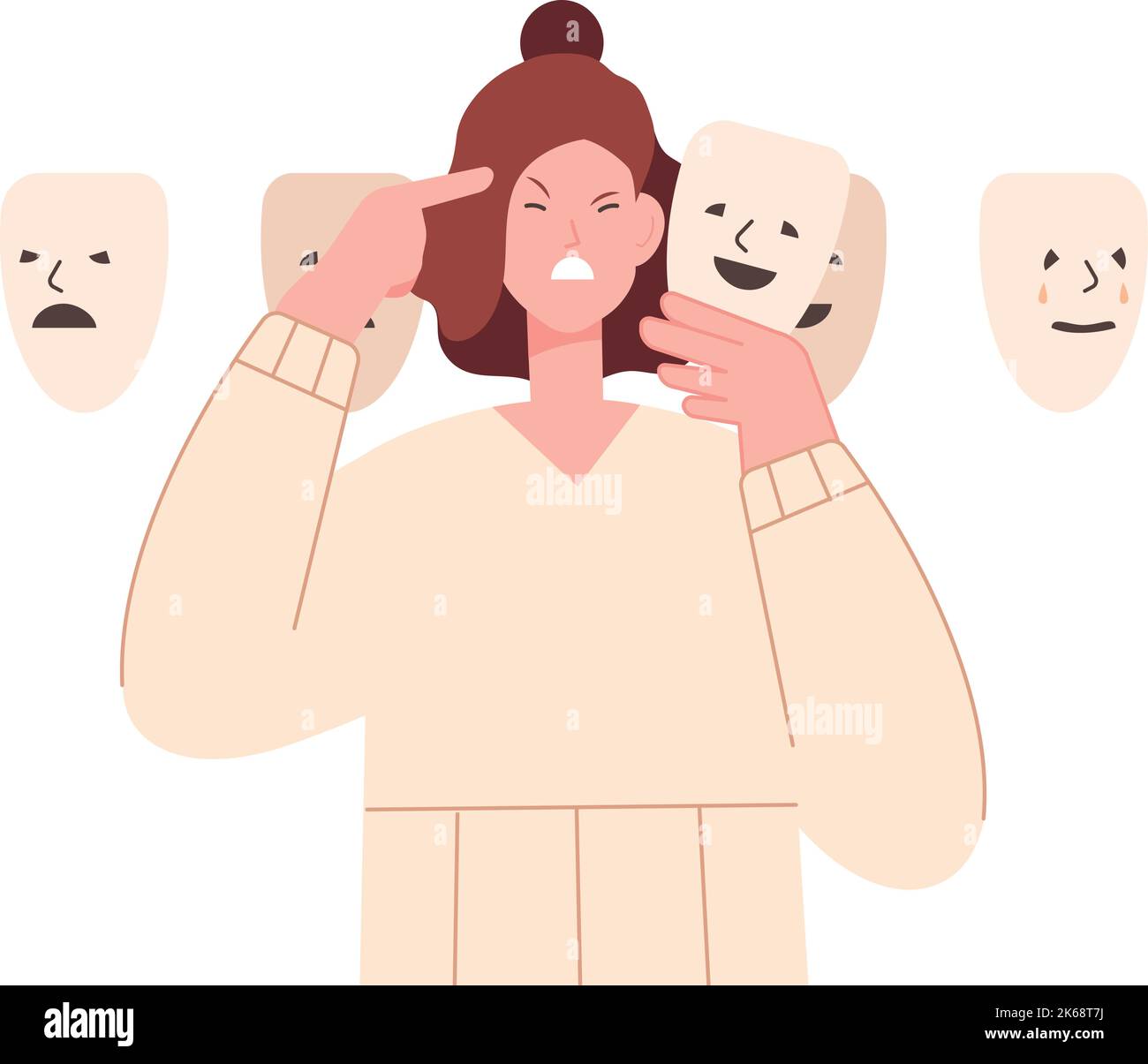 Woman hiding feelings behind positive mask. Borderline disorder. Emotion control isolated on white background Stock Vector