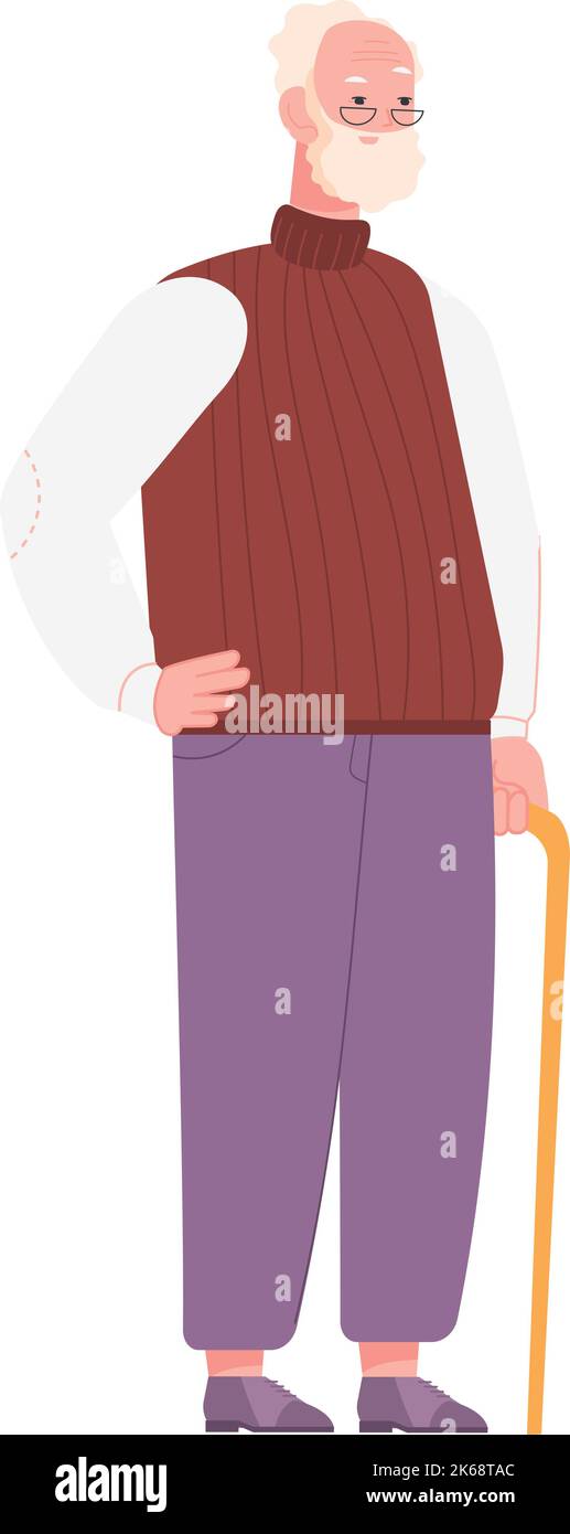 Senior with walking cane. Old man character standing isolated on white ...