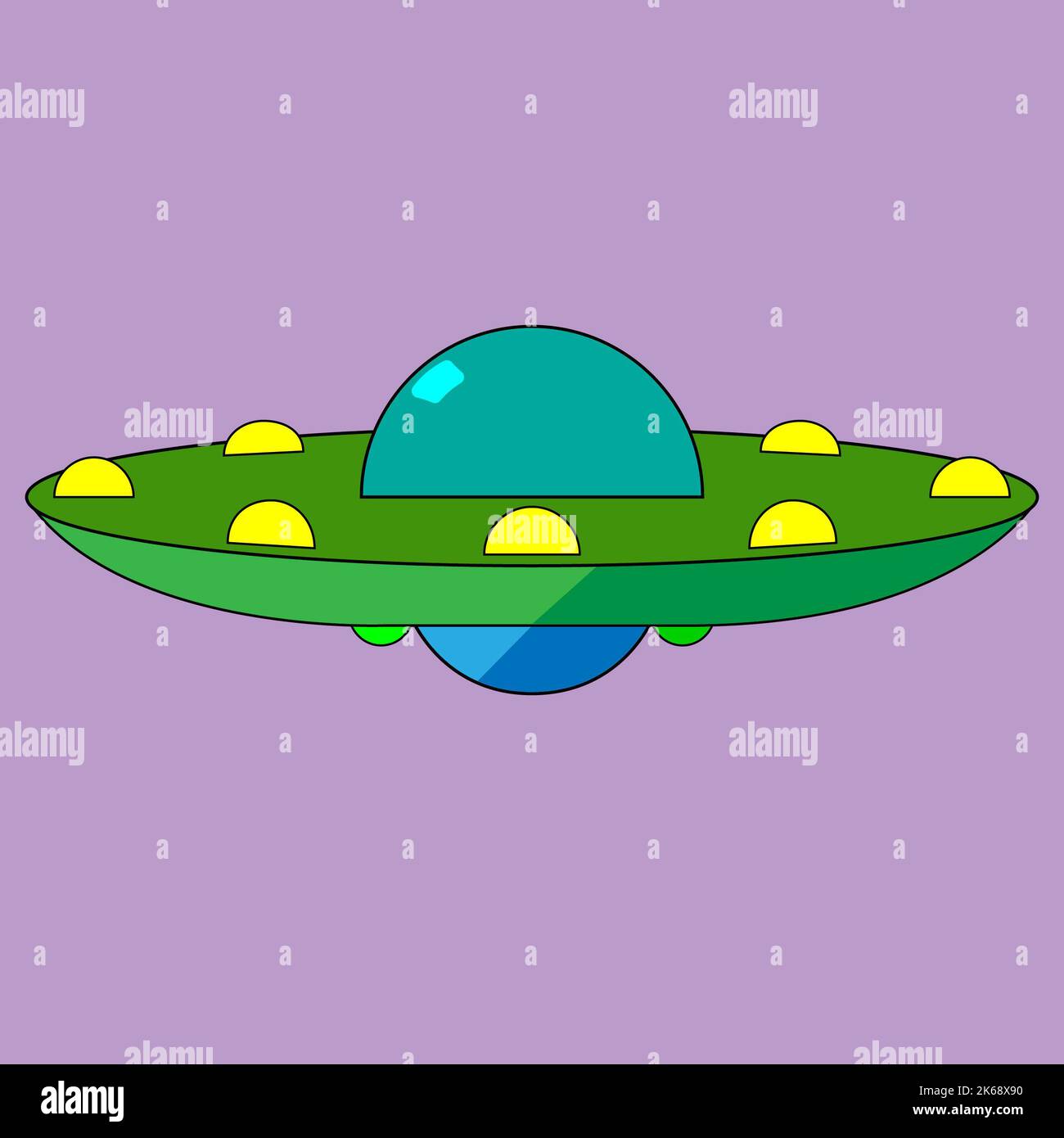 A simple spaceship with lights, ufo, alien vehicle, blue and green and yellow and purple, spaceship illustration, spaceship drawing, space travel Stock Photo