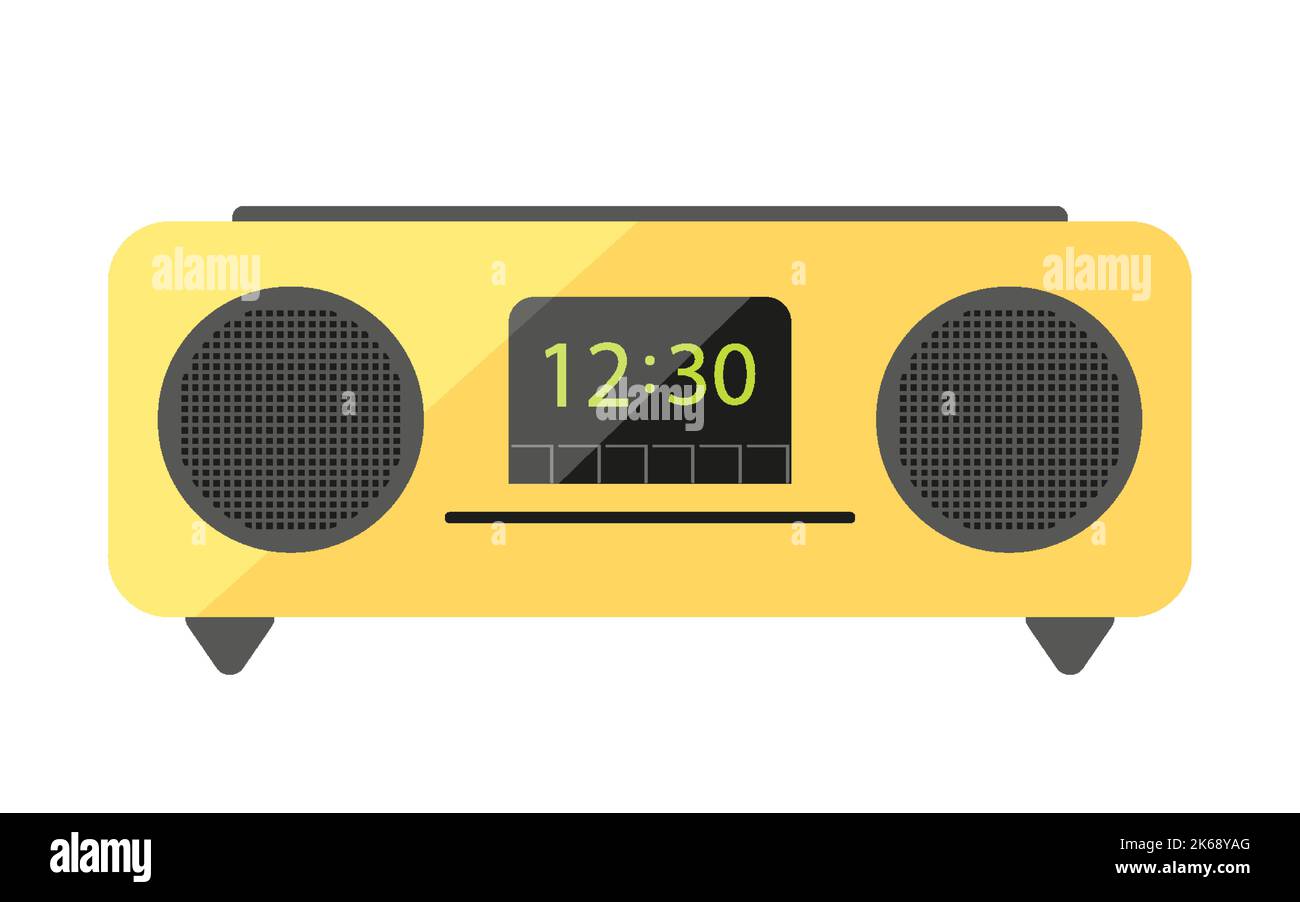 Radio fm boombox clock retro vintage yellow flat. Music player gadget modern speaker gadget old style clock alarm display legged tape record accessory disco party favor holiday gift relax listen audio Stock Vector