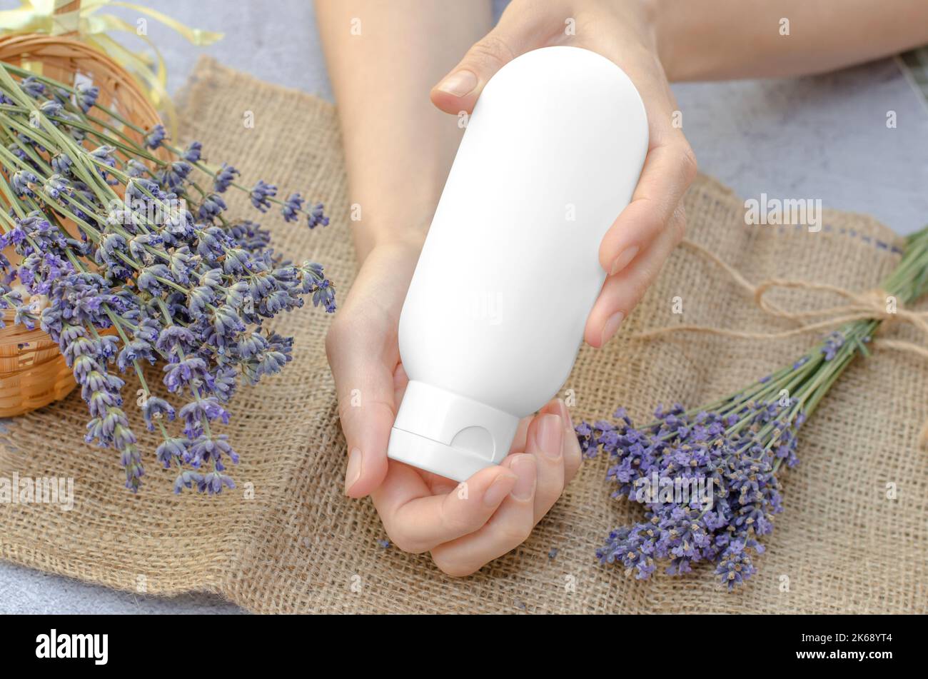Empty white tube with lavender moisturizer in female hands. Lavender moisturizer. Blank for advertising Stock Photo