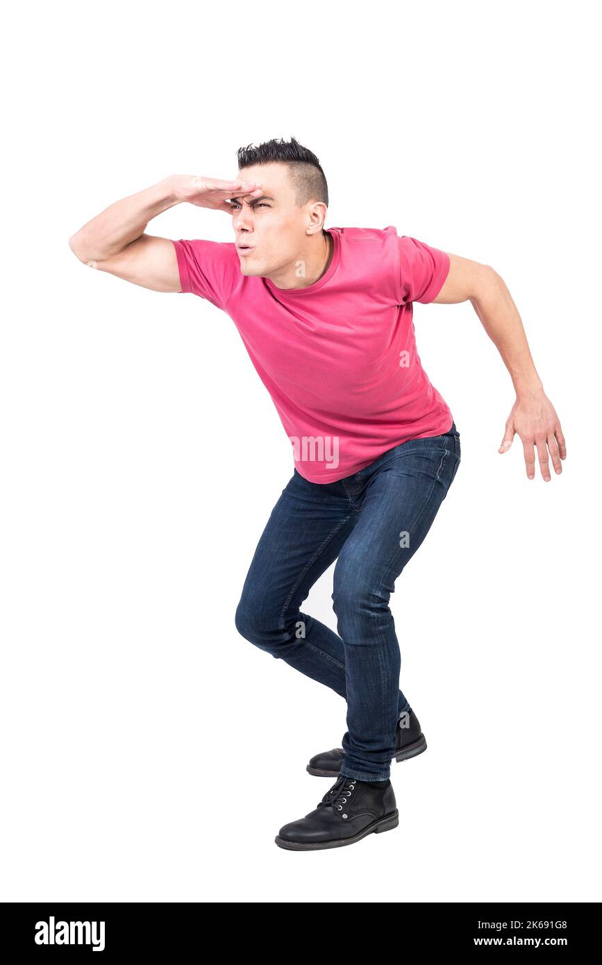 Worried male looking at distance. White background Stock Photo Alamy