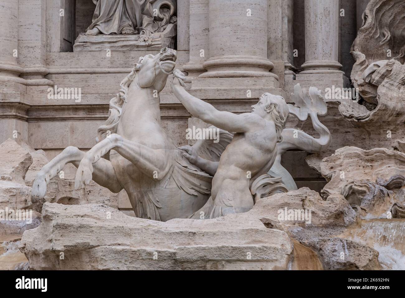ROME, ITALY - DECEMBER 02, 2019:  Statues at Trevi fountain (Fontana di Trevi) in  Rome, Italy Stock Photo
