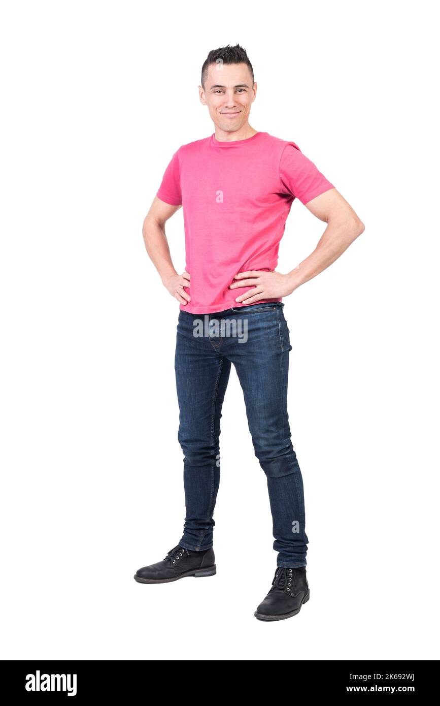 Cheerful man standing in studio. White background Stock Photo