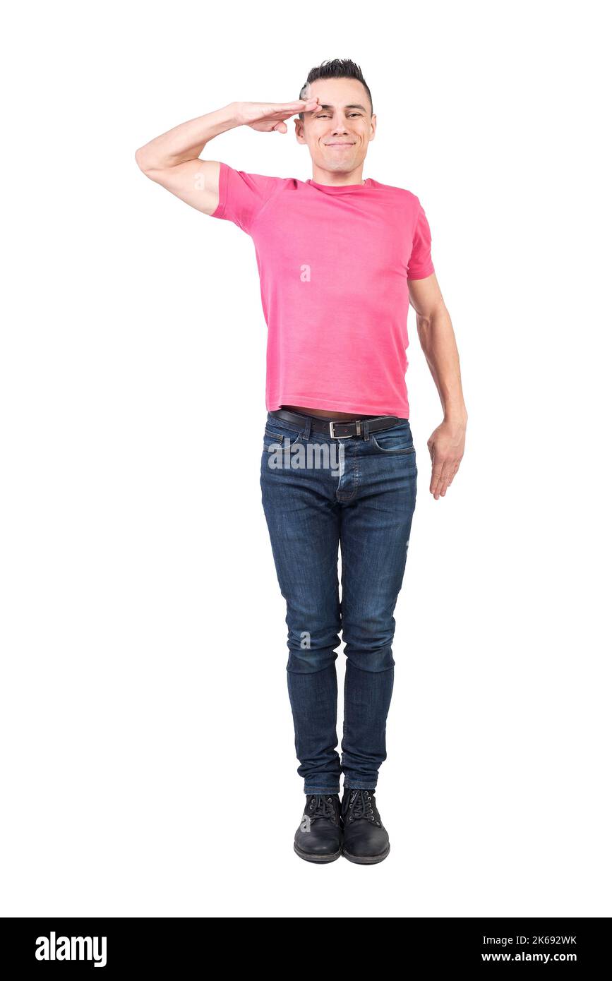 Positive man making salute gesture. White background Stock Photo