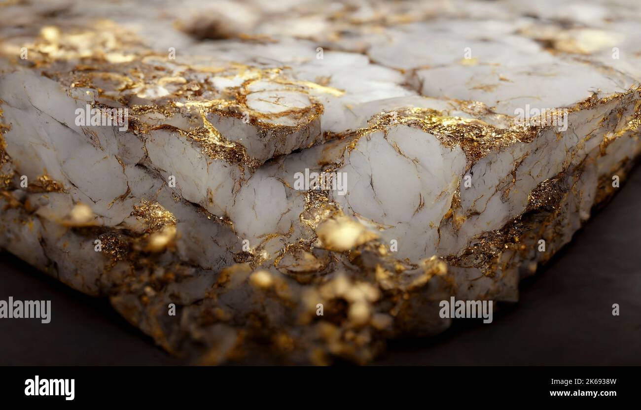 Stone, liquid gold threads on a piece of white marble, concept image of ...
