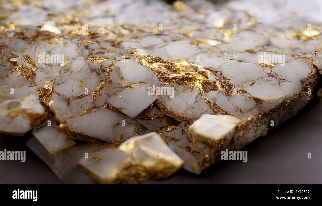 liquid gold threads on a piece of white marble, concept image of ...