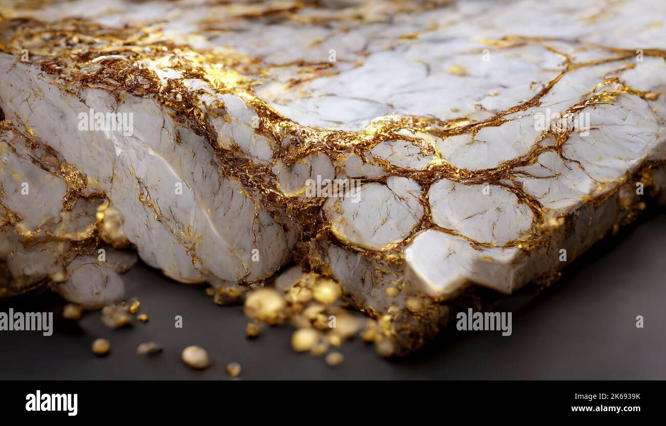 Stone, liquid gold threads on a piece of white marble, concept image of ...