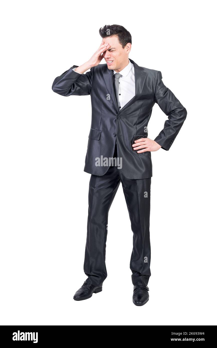 Man in suit suffering from headache. White background. Stock Photo