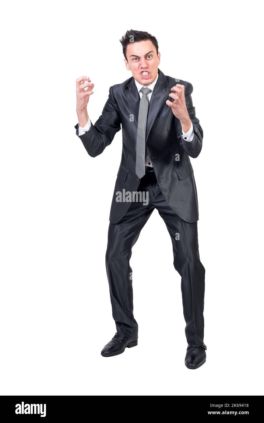 Hysterical businessman in suit in studio. White background. Stock Photo