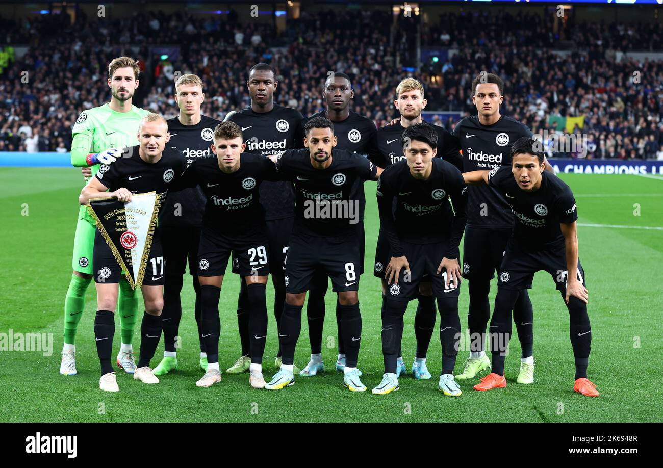 London, UK. 12th Oct, 2022. Eintract Frankfurt team back row from left: Kevin Trapp Kristijan Jakic, Evan N'Dicka, Randal Kolo Muani, Christopher Lenz and Tuta. Front row from left: Sebastian Rode, Jesper Lindstrom, Djibril Sow, Dalchi Kamada and Makoto Hasebe of Eintracht Frankfurt during the UEFA Champions League match at the Tottenham Hotspur Stadium, London. Picture credit should read: David Klein/Sportimage Credit: Sportimage/Alamy Live News Stock Photo