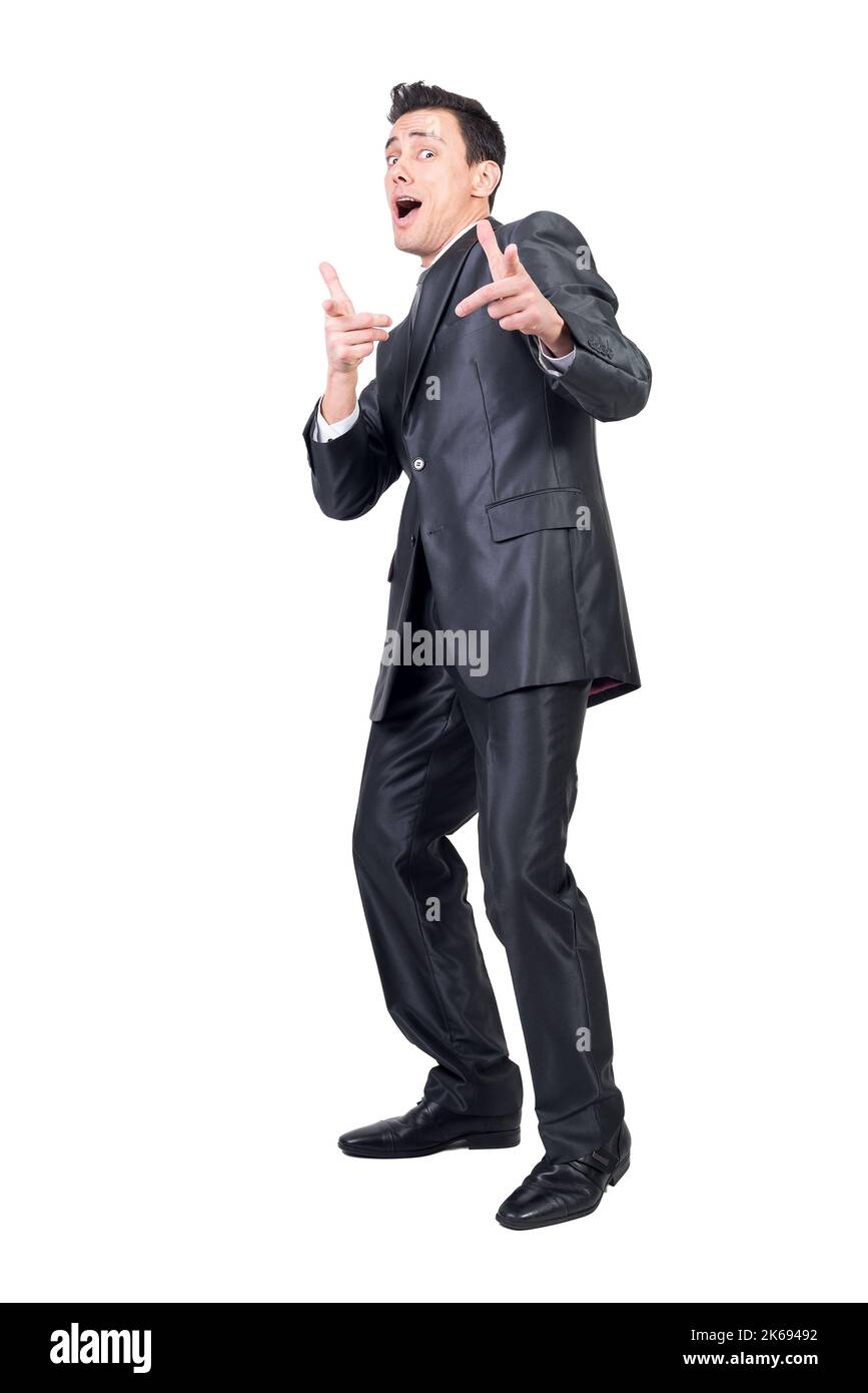 Cheerful businessman pointing at camera. White background. Stock Photo