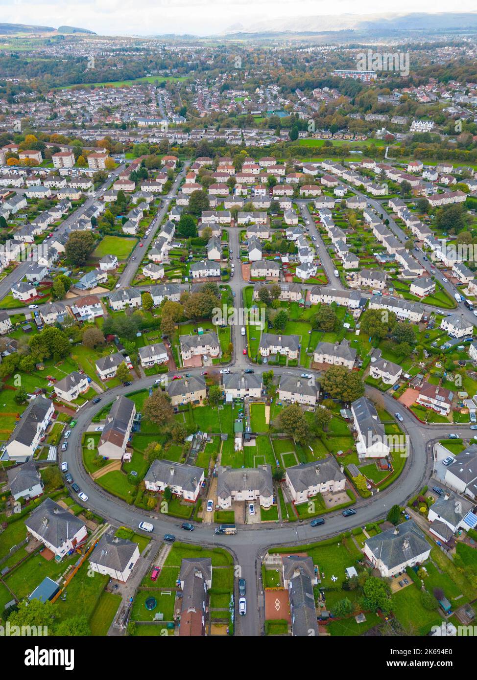 Aerial view of housing estate in Knightswood, Glasgow, Scotland, UK