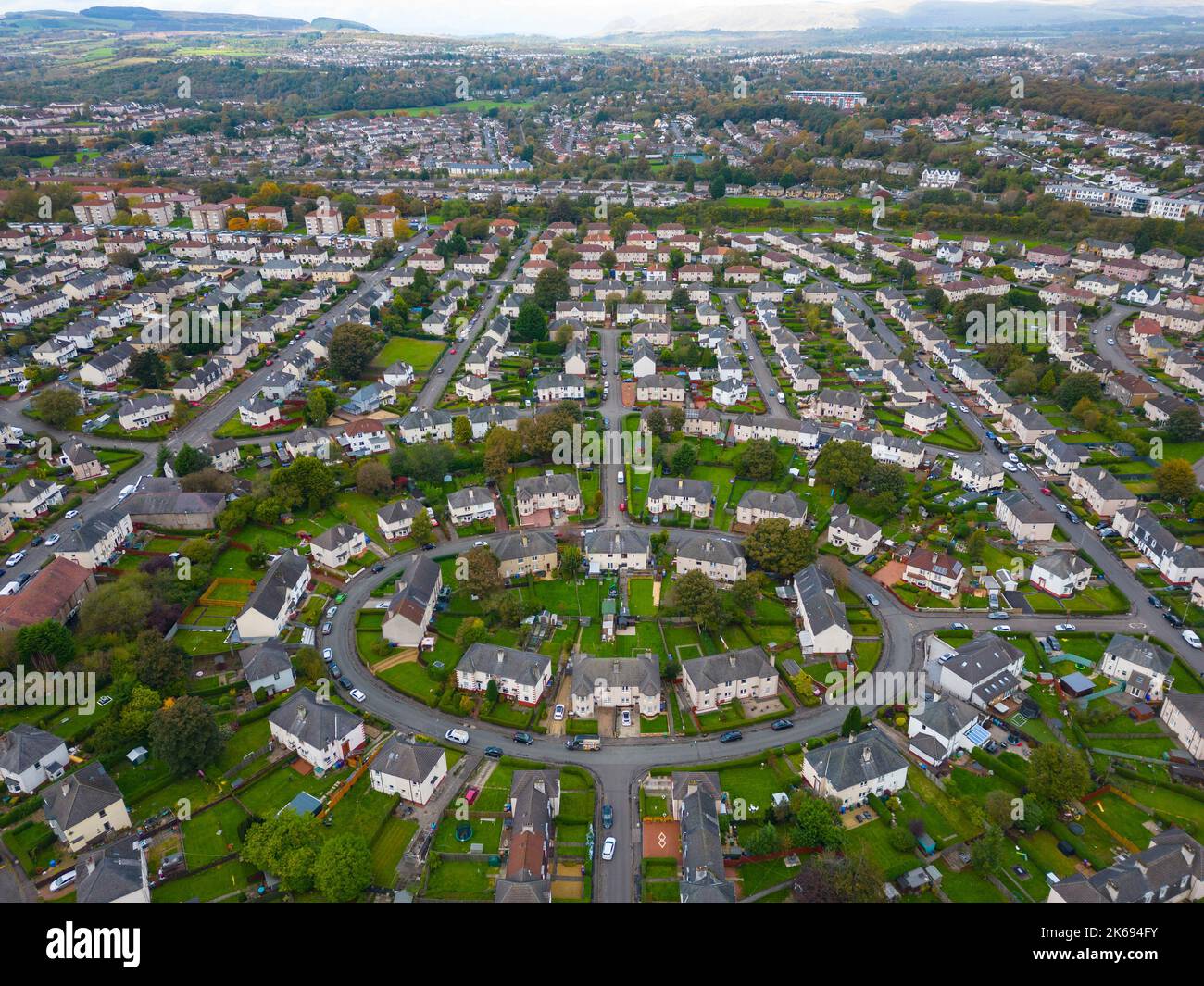 Aerial view of housing estate in Knightswood, Glasgow, Scotland, UK