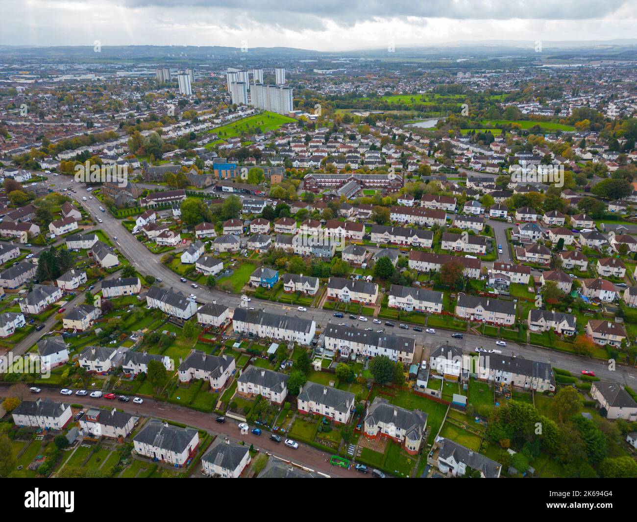 Aerial view of housing estate in Knightswood, Glasgow, Scotland, UK