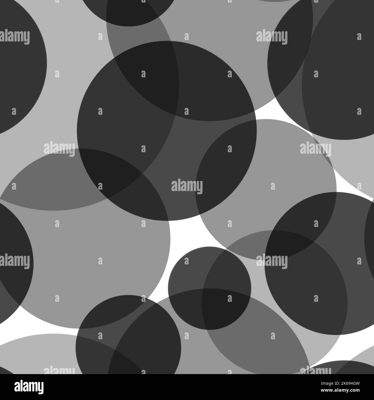 Abstract seamless pattern of random arranged overlapping transparent black circles on white.Round shapes of halftone point endless wallpaper ornament. Stock Photo