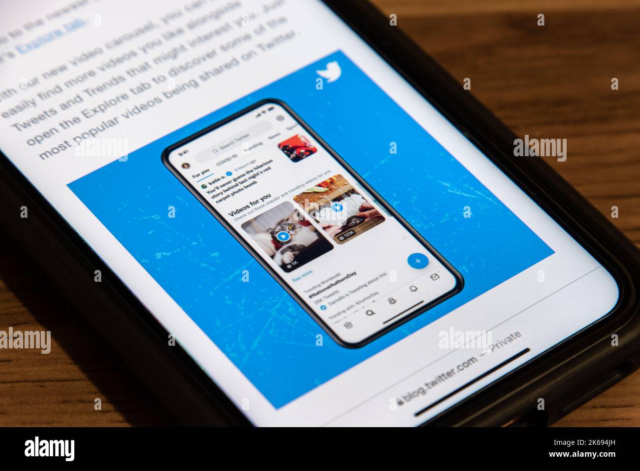 A blog post about Twitter’s new features “Immersive viewing and easy discovery” and “Videos for you” from Twitter blog website on an iPhone. Stock Photo