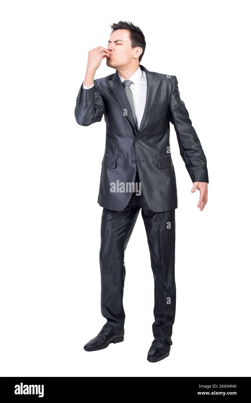 Male manager delighting delicious food taste. White background. Stock Photo