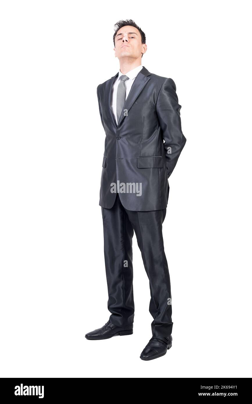 Strict man in elegant suit. White background. Stock Photo