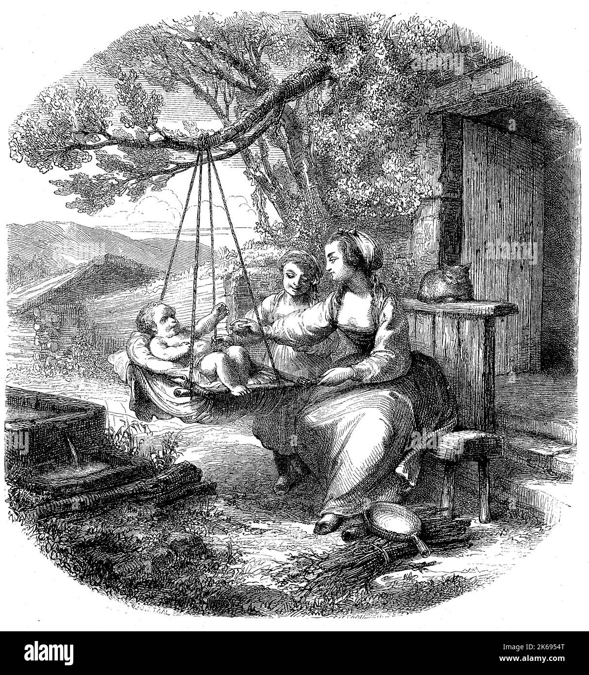 Digital improved reproduction, Baby in the cradle on a branch, mother and daughter sitting on a bench and rocking the toddler, original woodprint from th 19th century Stock Photo