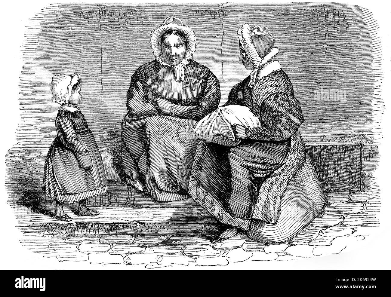 Digital improved reproduction, two women and a child sitting in the street, original woodprint from th 19th century Stock Photo