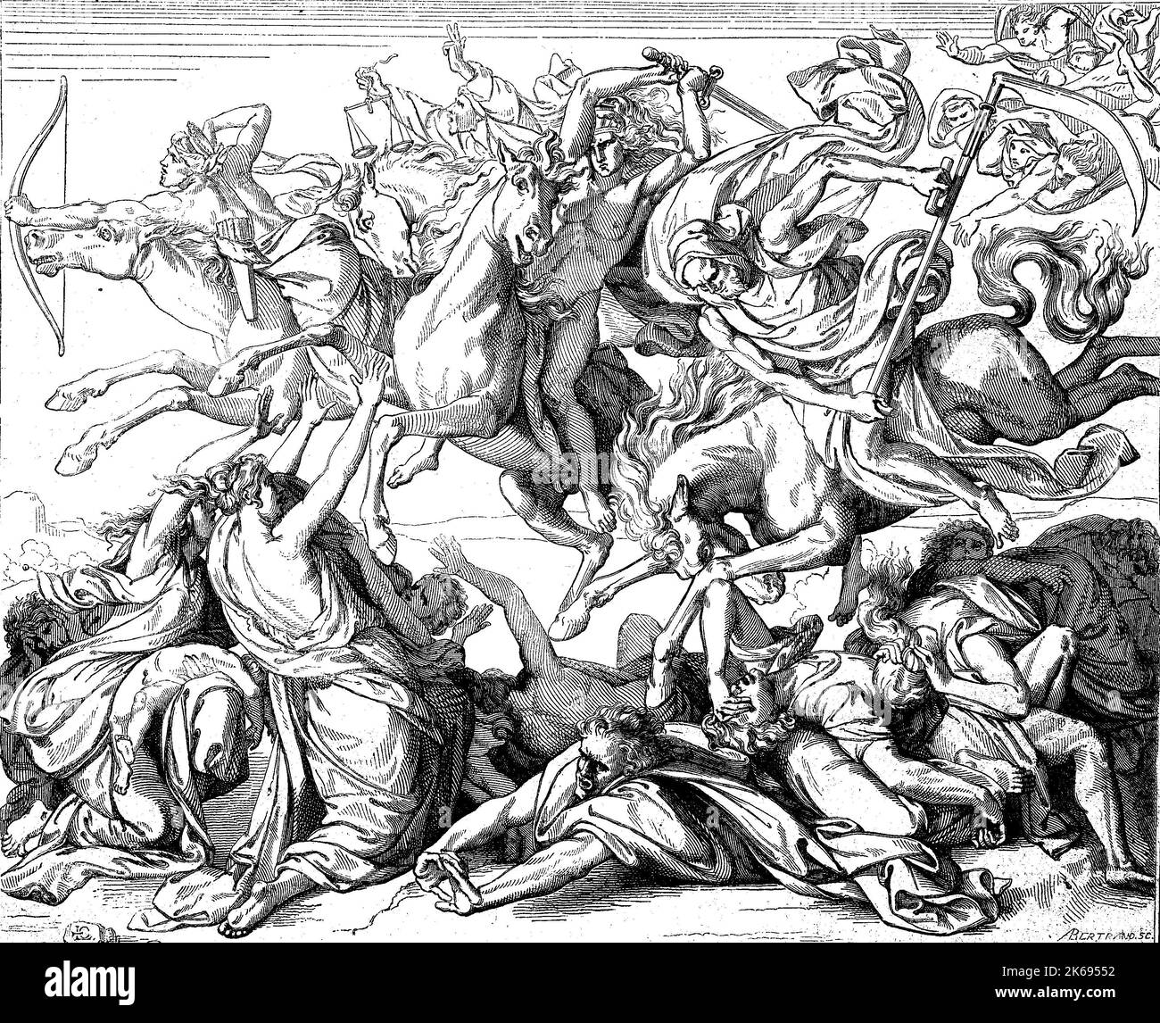 Digital improved reproduction, Four Horsemen of the Apocalypse are described in the last book of the New Testament of the Bible, the Book of Revelation by John of Patmos, original woodprint from th 19th century Stock Photo