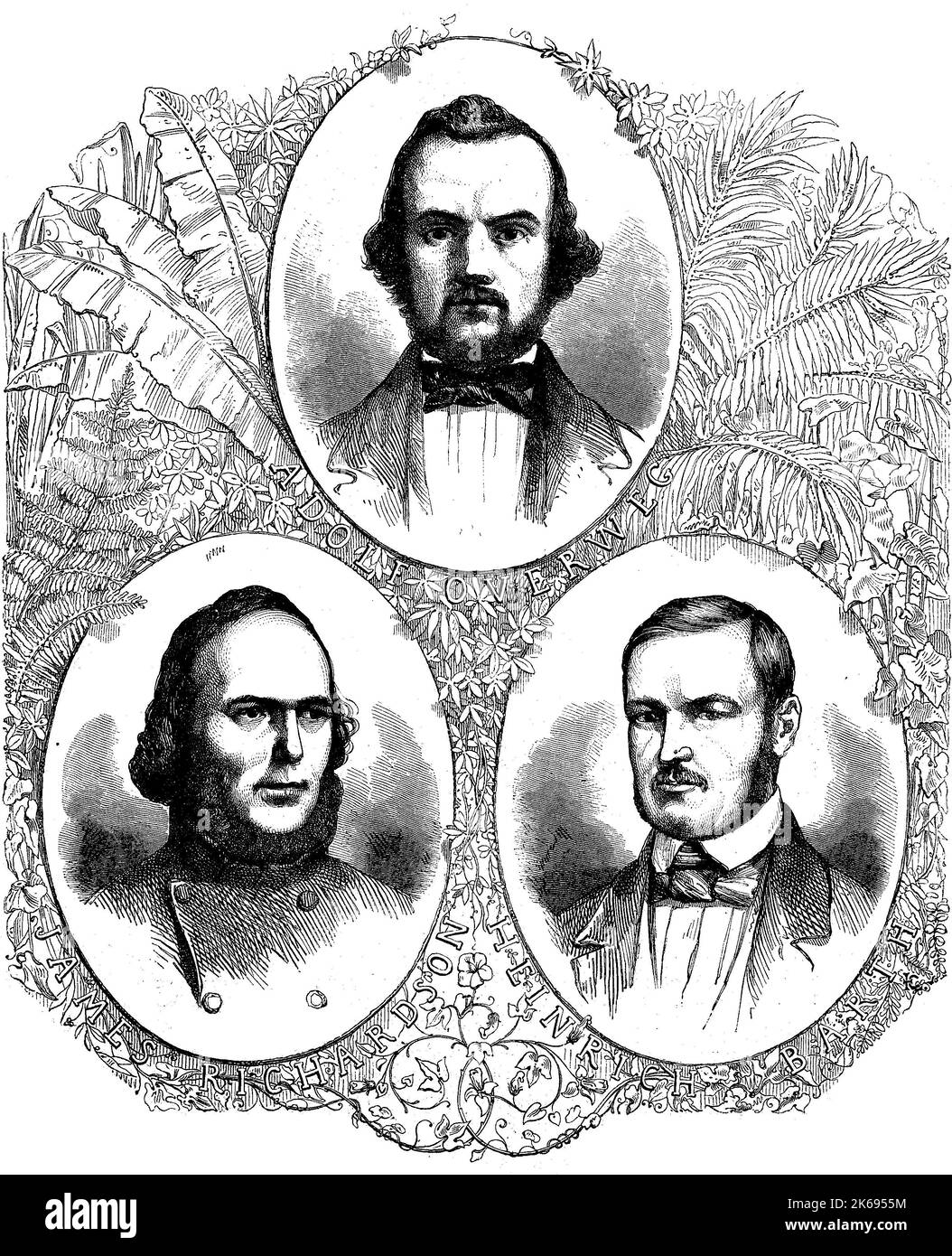 Digital improved reproduction, james richardson, born 1809, died 1851, a british missionary, abolitionist and africa researcher, adolph overweg and johann heinrich beard, born 1821, died 1865, german explorer and scientist, original woodprint from th 19th century Stock Photo