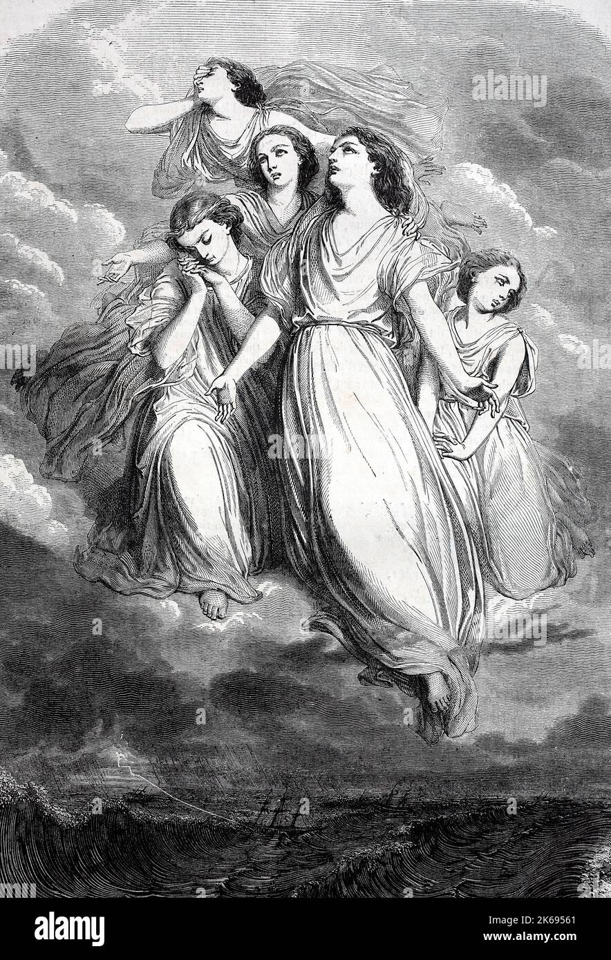 Digital improved reproduction, five women float over the stormy sea, sirens, mermaids of pierre-gustave staal, original woodprint from th 19th century Stock Photo